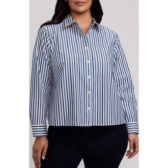 Foxcroft Jodie Stripe Cotton Button-Up Shirt in Indigo Blue/multi at Nordstrom, Size 1X