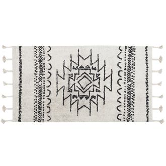 Beliani Alfombra De Algod&oacute;n Blanco Crema Negro 80 X 150 Cm Geom&eacute;trico Borlas Khouribga