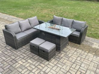 Fimous Rattan Garden Furniture Set with Fire Pit Table 8 Seater Outdoor Lounge Sofa Set Dark Grey Mixed
