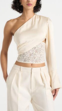 Mani&egrave;re De Voir Coralie One Sleeve Lace Wrap Top in Champagne at Nordstrom, Size 12