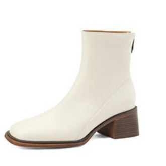 Generic Womens Ankle-High PU Leather Boots Square Toe Block Heels Side Zipper Sleek Slim Fit Solid Color Soft Lining Cushioned Insole Durable Outsole,White,4.