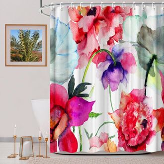 OEM Juego De Cortina De Ducha Con Estampado Floral (182 Cm X 182 Cm), Incluye 12 Ganchos, Dise&ntilde;o De Peon&iacute;as En Acuarela Rojas Y Moradas, Resistente Al Agu