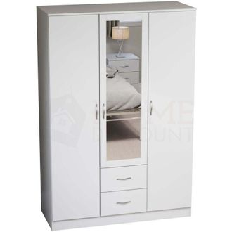 Home Discount Riano 3 Door 2 Drawer Mirrored Wardrobes With Hanging Rail & Shelves, White