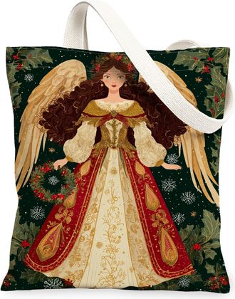 Generic Christmas Angel Canvas Tote Bags, Vintage Floral Design Reusable Grocery Bags, Elegant Lightweight Washable Shoulder Strap, Green, 13x15 Inch