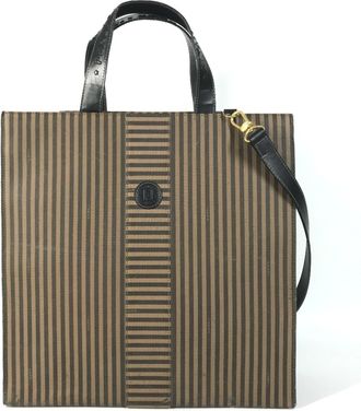 Fendi Black Brown Leather Coated Canvas Handbag Shoulder Bag Tote Bag (Pre-Owned)