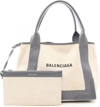 Balenciaga Gray Navy White Canvas Leather Handbag Tote Bag (Pre-Owned)