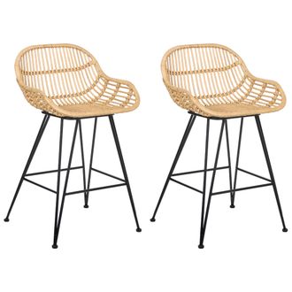 Beliani Conjunto De 2 Sillas De Bar Boho De Rat&aacute;n Comedor Cocina Patas De Hierro Natural Terrell