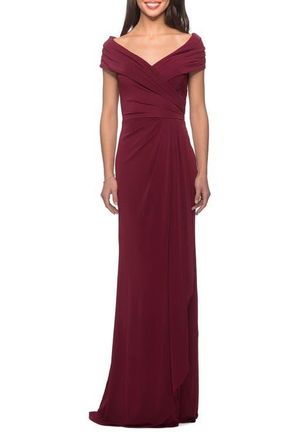 La Femme Ruched Jersey Long Gown with V-Neckline in Wine at Nordstrom, Size 18