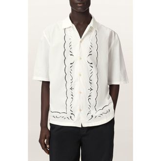 AllSaints Field Eyelet Detail Short Sleeve Button-Up Shirt in White at Nordstrom, Size Xx-Large