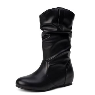 Generic Womens Mid-Calf Slouchy PU Leather Boots Round Toe Wedge Heel Pull Tab Slip On Soft Upper Cushioned Insole Flexible Fit Durable Outsole,Black PU,5.5 U