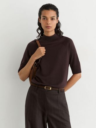 Reiss Grape Burgundy Merino Wool Funnel-neck Top, XS