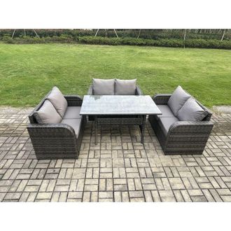 Fimous Fimous - Wicker pe Rattan Sofa Outdoor Garden Furniture Set with Rectangular Dining Table Dark Grey Mixed