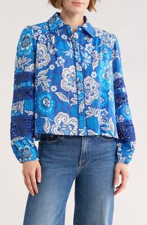 Elie Tahari Floral Lace Trim Long Sleeve Crop Button-Up Shirt in Blue Floral Print at Nordstrom Rack, Size X-Large