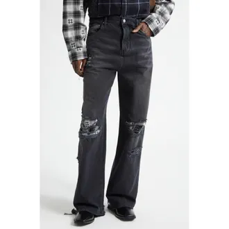 Amiri Flannel Repaired Baggy Jeans in Steel Black at Nordstrom, Size 33