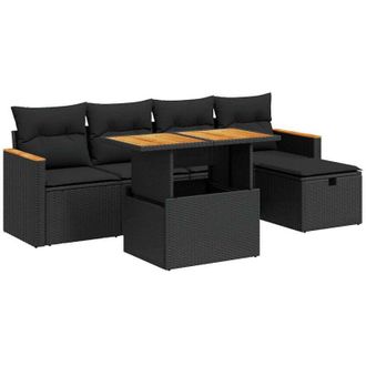 vidaXL Set De Sof&aacute;s De Jard&iacute;n 6 Piezas Y Cojines Rat&aacute;n Sint&eacute;tico Negro