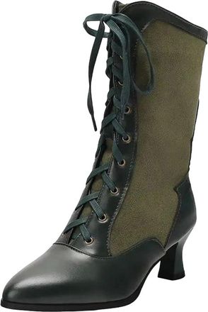Generic Womens Retro Mid Calf Boots Round Toe High Strange Style Heel With Lace Up Front And Color Block Pattern