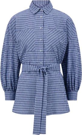 Lela Rose Checked Seersucker Button Down Shirt in Navy Multi at Nordstrom, Size Medium
