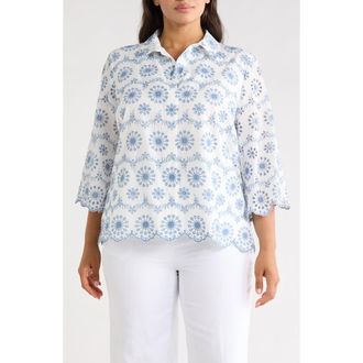 Anne Klein Scallop Eyelet Button Up Shirt in Crisp White/lagoon at Nordstrom Rack, Size 1 X