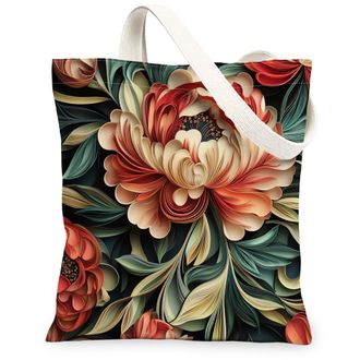 Generic Spring Quilting Paper Peony Flower Canvas Tote Bag for Shopping 13x15, Floral Wildflower Reusable Grocery Print Pattern Bag for Women Men, Garden Aest