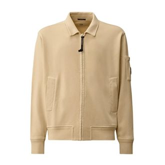 C.P. Company Light Jackets, male, Beige, Size: 2XL Cotton Diagonal Fleece Zip Lens Sweatshirt