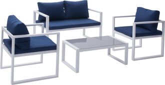 Happy Garden Conjunto De Jard&iacute;n Ibiza Tela Azul 4 Plazas Aluminio Blanco