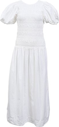 Ganni Ganni Smocked Poplin Midi Dress in White Organic Cotton