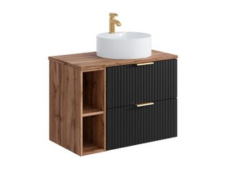 Vente-Unique Mueble de ba&ntilde;o suspendido estriado con estantes y lavabo redondo sobre encimera - Negro y natural claro - L80 cm - ZEVARA