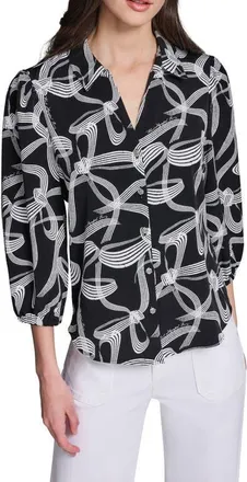 Karl Lagerfeld Bow Detail Button-Up Shirt in Black/Soft White Multi at Nordstrom, Size X-Large