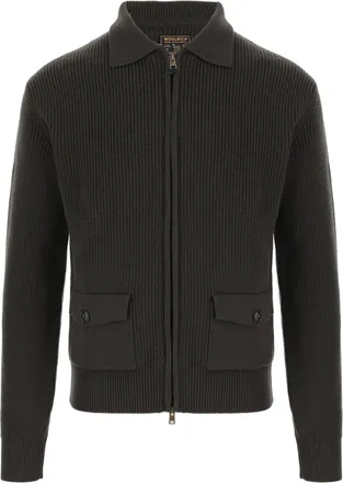 Woolrich Dark Green Full-Zip Ribbed Knit Wool Sweater