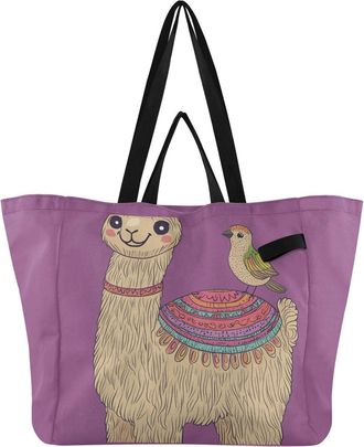 Generic Alpaca Bird Purple pattern Reusable Canvas Tote Bag, Heavy Duty Grocery Shopping Bag with Large Capacity Double Handles Hard Bottom Work Groceries Tra