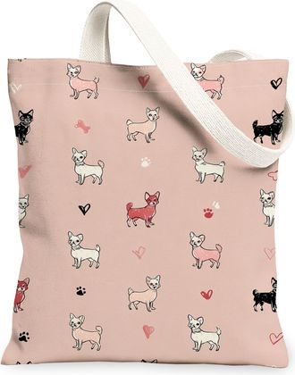 Generic Cute Dogs Canvas Tote Bags, Adorable Animal Pattern Reusable Grocery Bags, Fun Lightweight Washable Shoulder Strap Canvas F, Peach, 13x15 Inch