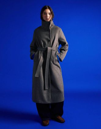 Bershka cappotto lungo con collo a imbuto e cintura grigio-Neutro