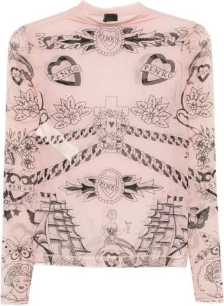 Pinko Pinko, Tops, Dames, Roze, S, Nylon, Lichtroze Tattoo Print Sweater