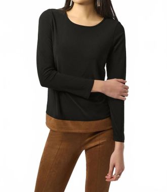 Joseph Ribkoff Silky Knit & Suede Colour Block Straight Top In Black/brown
