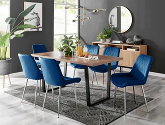 Furniturebox Kylo Large Brown Wood Effect Dining Table & 6 Pesaro Velvet Silver Leg Chairs in Navy