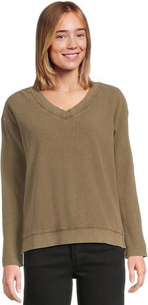 Mod-o-doc Long Sleeve Open V-neck Waffle Top Womens Clothing Fern : LG (US 12-14), Cotton