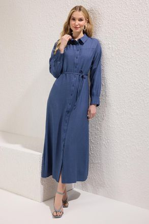 Trendyol Modest Dames Donkerblauw Effen Maxi Lang Casual Blousejurk Modest Jurken