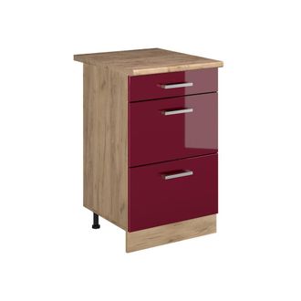 Vicco Mueble Bajo De Cocina R-line, Rojo De Alto Brillo/roble Dorado, 50 Cm Encimera Roble Dorado, Vicco