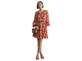 Lauren Ralph Lauren Print Ruffle-Trim Georgette Tiered Dress Womens Dress Red/Tan : 16, Polyester