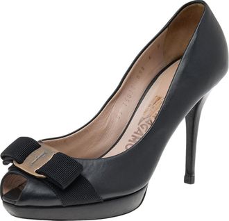 Ferragamo Black Leather Vara Bow Peep Toe Pumps