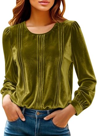 Generic Women Long Sleeve Tops Velvet Pleated Vintage Dressy Blouses Ladies Crewneck Elegant Slim Fit Tunic Top Lightweight Solid Color T-Shirts Casual Fashio