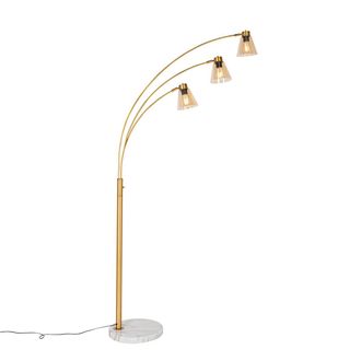 QAZQA Art D&eacute;co L&aacute;mpara De Arco De Bronce Con M&aacute;rmol Y Cristal &Aacute;mbar 3-luces - Nina Vidrio /acero /m&aacute;rmol Alargada Adecuado Para Led Max. 3 X 40 Watt - Qazqa