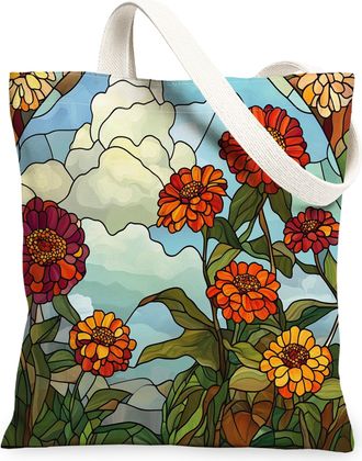 Generic Stained Glass Zinnia Flower Canvas Tote Bag for Shopping 13x15, Cool Floral Garden Reusable Grocery Print Pattern Bag for Women Men, Fun Wildflower Ae