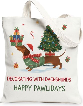 Generic Christmas Dog Canvas Tote Bags, Holiday Animal Pattern Reusable Grocery Bags, Lightweight Washable Shoulder Strap Canvas Fo, White, 13x15 Inch