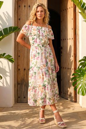 Roman Womens Floral Print Bardot Midi Dress - Cream - Size 18 UK