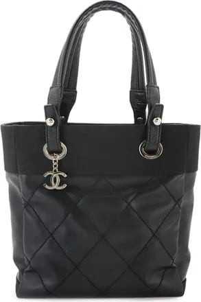 Chanel Paris Biarritz Black Nylon Pvc Leather Handbag Tote Bag (Pre-Owned)