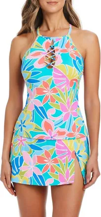Bleu Rod Beattie Floral Lattice High Neck Tankini Top in Aqua Fresca at Nordstrom, Size 12