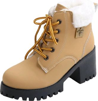 Generic Womens Winter Boots Chunky Block Heel Lace Up Booties Stylish Fleece Lined Non-Slip Thick Sole Non-Slip Warm Ankle Boots Office Outdoor