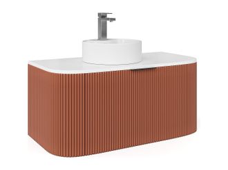 Vente-Unique Mueble de ba&ntilde;o suspendido estriado con lavabo sobre encimera redondo y grifo - Terracota mate - 100 cm - LOMERI