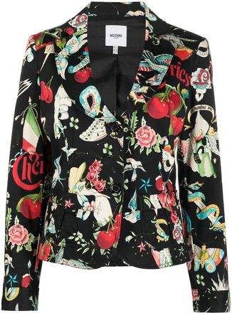 Moschino graphic-print single-breasted blazer - women - Polyester/Cotton/Spandex/Elastane - 44 - Black